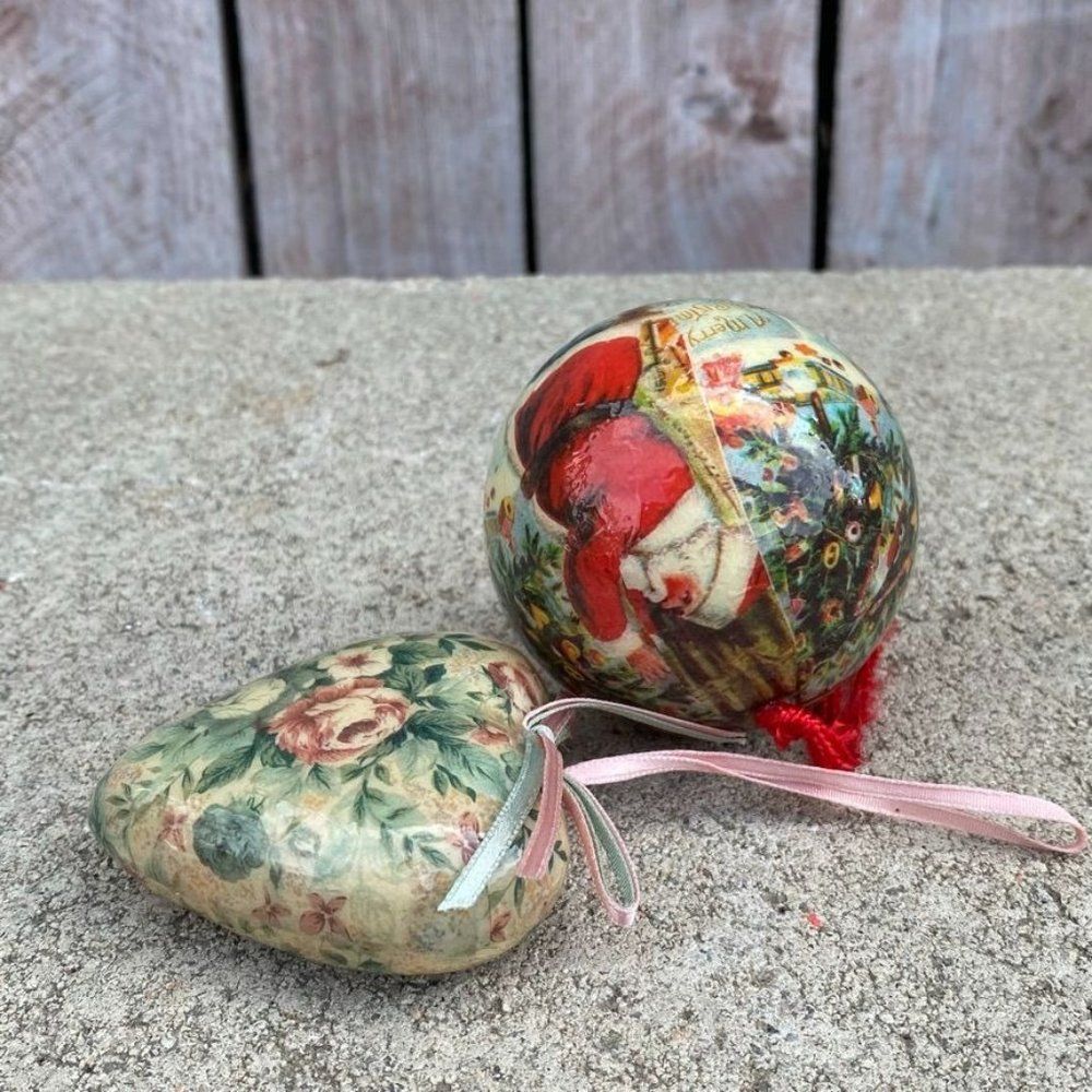 Vintage Santa Claus Heart Rose Decoupage Holiday Christmas Ornament Bundle